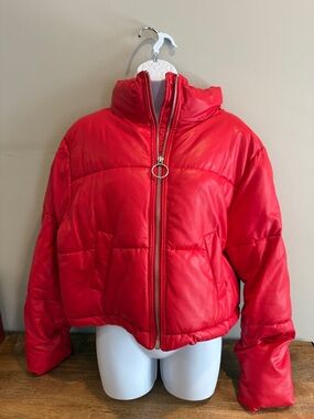Red Puffer Jacket with Ring Zip